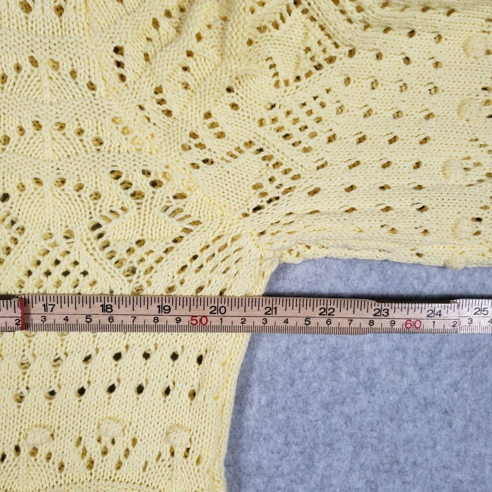 French Connection L Yellow Pointelle Knit Sweater‎ Scalloped Hem Bell Sleeve Top